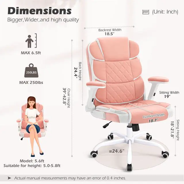 Alt view image 3 of 6 - Pink Office Chair Ergonomic Desk Chair with Lumbar Support, Flip-Up Arms, Adjustable Swivel Computer Chair with Wheels, Comfortable PU Leather Cute Office Chair for Home Office Small Space