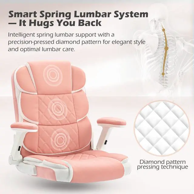 Alt view image 4 of 6 - Pink Office Chair Ergonomic Desk Chair with Lumbar Support, Flip-Up Arms, Adjustable Swivel Computer Chair with Wheels, Comfortable PU Leather Cute Office Chair for Home Office Small Space