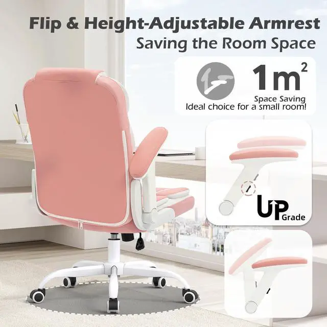 Alt view image 5 of 6 - Pink Office Chair Ergonomic Desk Chair with Lumbar Support, Flip-Up Arms, Adjustable Swivel Computer Chair with Wheels, Comfortable PU Leather Cute Office Chair for Home Office Small Space