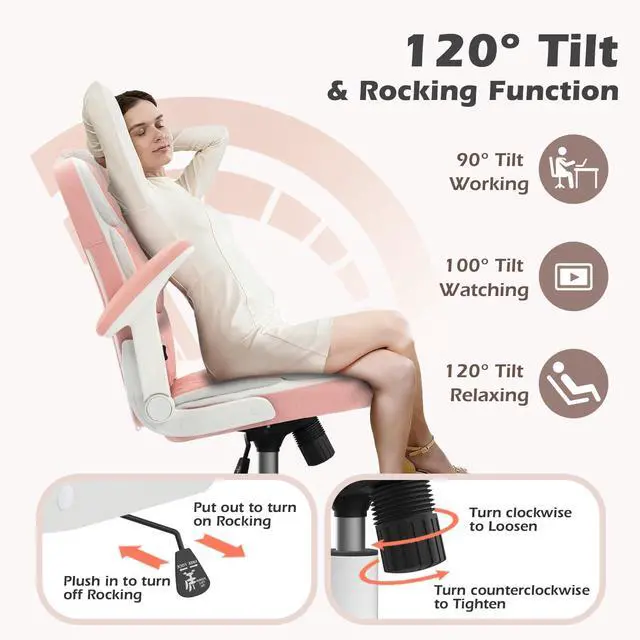 Alt view image 6 of 6 - Pink Office Chair Ergonomic Desk Chair with Lumbar Support, Flip-Up Arms, Adjustable Swivel Computer Chair with Wheels, Comfortable PU Leather Cute Office Chair for Home Office Small Space
