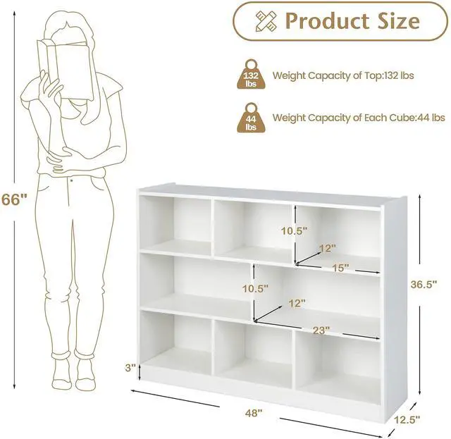 Alt view image 3 of 6 - 8-Cube Bookcase, Wood 3 Tier Open Storage Bookshelf, Modern Multipurpose Display Cabinet for Living Room, Study, Reading Nook, 48 x 12.5 x 36.5 Inch, White