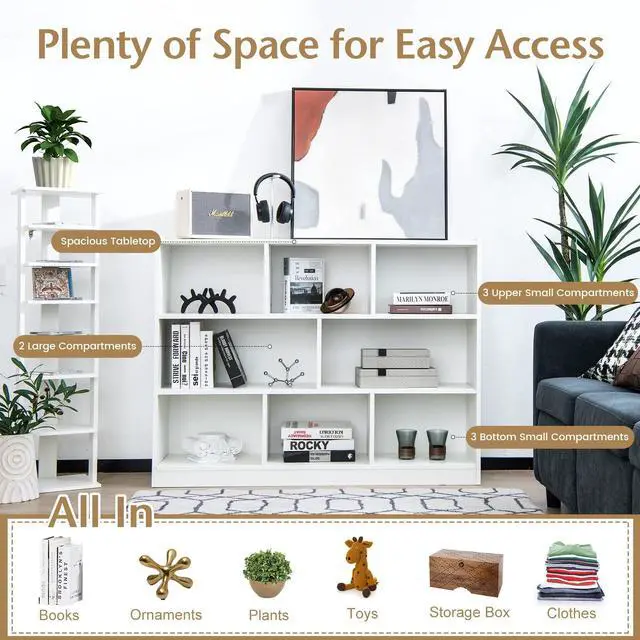 Alt view image 6 of 6 - 8-Cube Bookcase, Wood 3 Tier Open Storage Bookshelf, Modern Multipurpose Display Cabinet for Living Room, Study, Reading Nook, 48 x 12.5 x 36.5 Inch, White
