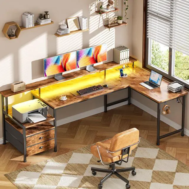 Alt view image 2 of 6 - 66'' L Shaped Desk with Power Outlets and USB-C Port, Reversible Office Desk with drawers and Storage Shelves, Computer desk with Led Lights and Host stand for Home Office, Gaming, Work, Rustic Brown