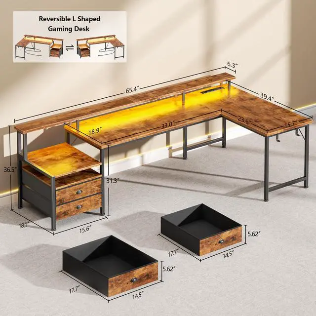 Alt view image 3 of 6 - 66'' L Shaped Desk with Power Outlets and USB-C Port, Reversible Office Desk with drawers and Storage Shelves, Computer desk with Led Lights and Host stand for Home Office, Gaming, Work, Rustic Brown