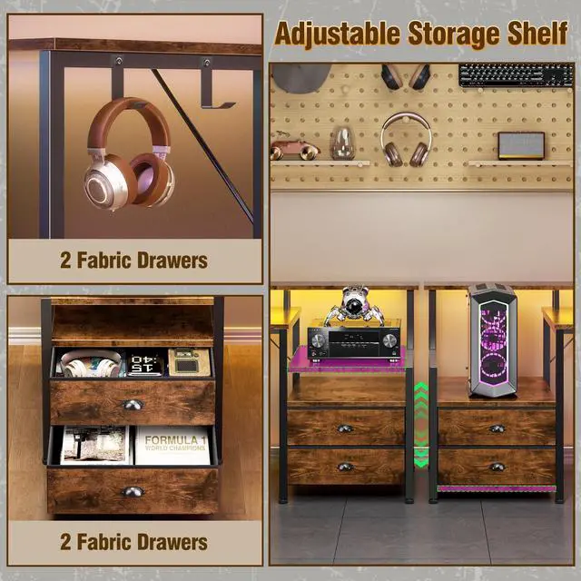 Alt view image 4 of 6 - 66'' L Shaped Desk with Power Outlets and USB-C Port, Reversible Office Desk with drawers and Storage Shelves, Computer desk with Led Lights and Host stand for Home Office, Gaming, Work, Rustic Brown