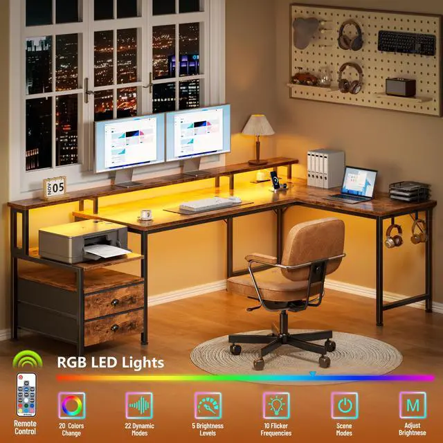 Alt view image 5 of 6 - 66'' L Shaped Desk with Power Outlets and USB-C Port, Reversible Office Desk with drawers and Storage Shelves, Computer desk with Led Lights and Host stand for Home Office, Gaming, Work, Rustic Brown