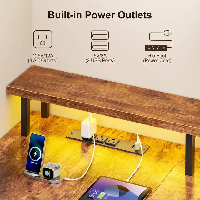 Alt view image 6 of 6 - 66'' L Shaped Desk with Power Outlets and USB-C Port, Reversible Office Desk with drawers and Storage Shelves, Computer desk with Led Lights and Host stand for Home Office, Gaming, Work, Rustic Brown