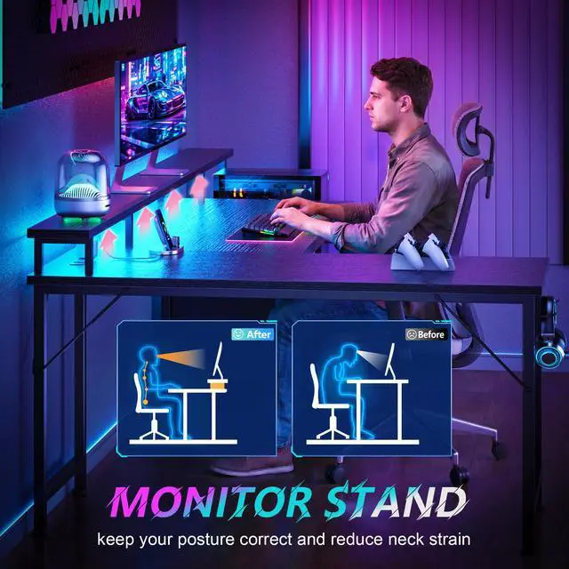 Alt view image 6 of 6 - 66'' L Shaped Gaming Desk with Drawers and Storage Shelves, Reversible Corner Desk with Power Outlets and Host Stand, Large Computer Desk with Led Lights for Gaming, Work, Home Office, Black