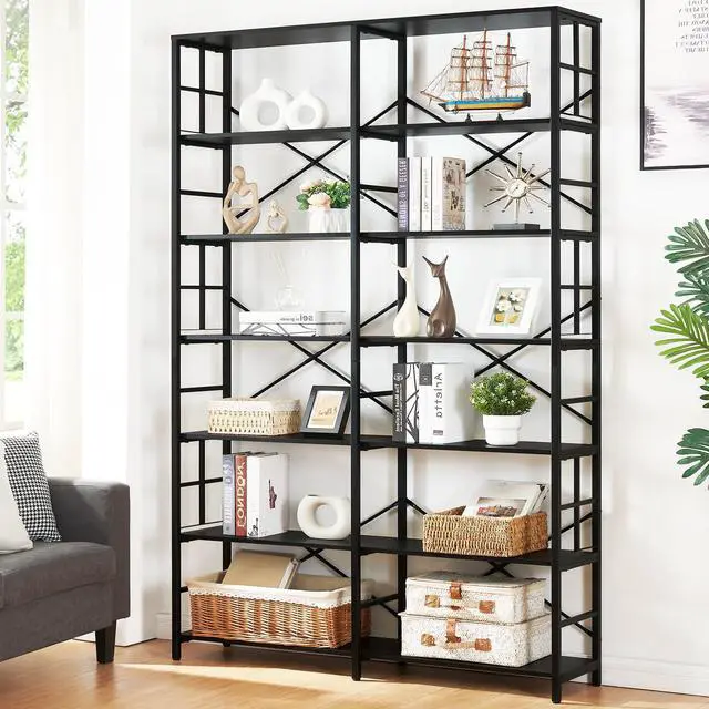 Main image of Bookshelf, Industrial Double Wide 7-Tier Bookshelves, 84" Tall Bookcase with Open Shelves, Heavy Duty Bookcases with Storage for Living Room Home Office, Black