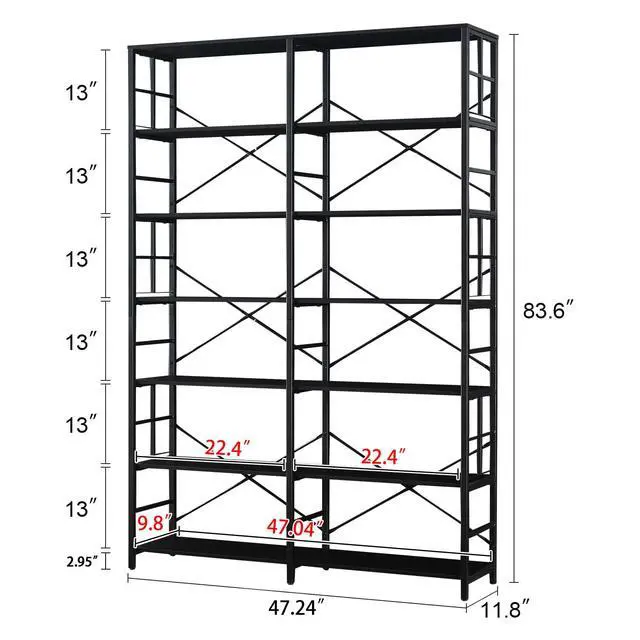 Alt view image 2 of 6 - Bookshelf, Industrial Double Wide 7-Tier Bookshelves, 84" Tall Bookcase with Open Shelves, Heavy Duty Bookcases with Storage for Living Room Home Office, Black