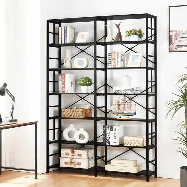 Alt view image 3 of 6 - Bookshelf, Industrial Double Wide 7-Tier Bookshelves, 84" Tall Bookcase with Open Shelves, Heavy Duty Bookcases with Storage for Living Room Home Office, Black