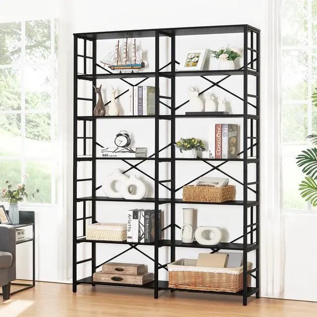 Alt view image 4 of 6 - Bookshelf, Industrial Double Wide 7-Tier Bookshelves, 84" Tall Bookcase with Open Shelves, Heavy Duty Bookcases with Storage for Living Room Home Office, Black