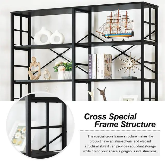 Alt view image 5 of 6 - Bookshelf, Industrial Double Wide 7-Tier Bookshelves, 84" Tall Bookcase with Open Shelves, Heavy Duty Bookcases with Storage for Living Room Home Office, Black