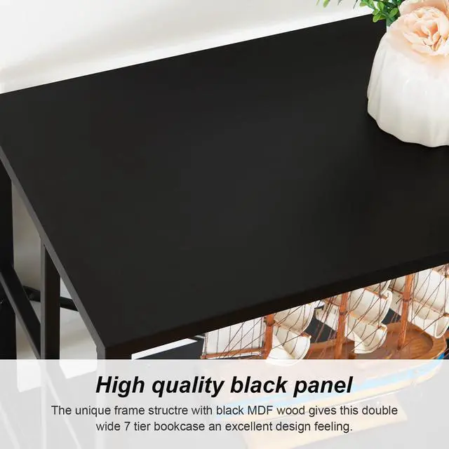 Alt view image 6 of 6 - Bookshelf, Industrial Double Wide 7-Tier Bookshelves, 84" Tall Bookcase with Open Shelves, Heavy Duty Bookcases with Storage for Living Room Home Office, Black