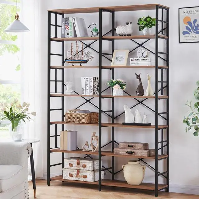 Main image of Bookshelf, Industrial Double Wide 7-Tier Bookshelves, 84" Tall Bookcase with Open Shelves, Heavy Duty Bookcases with Storage for Living Room Home Office, Rustic Brown