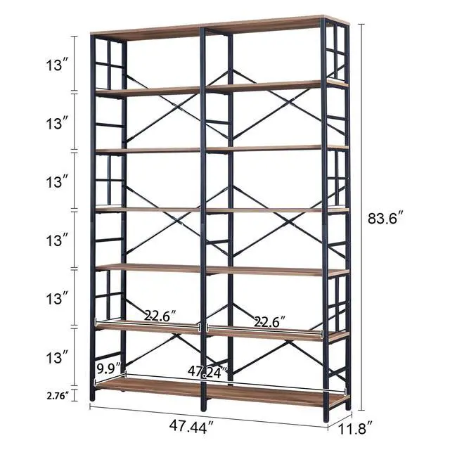 Alt view image 2 of 6 - Bookshelf, Industrial Double Wide 7-Tier Bookshelves, 84" Tall Bookcase with Open Shelves, Heavy Duty Bookcases with Storage for Living Room Home Office, Rustic Brown