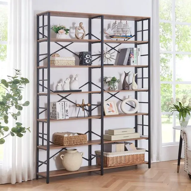 Alt view image 3 of 6 - Bookshelf, Industrial Double Wide 7-Tier Bookshelves, 84" Tall Bookcase with Open Shelves, Heavy Duty Bookcases with Storage for Living Room Home Office, Rustic Brown