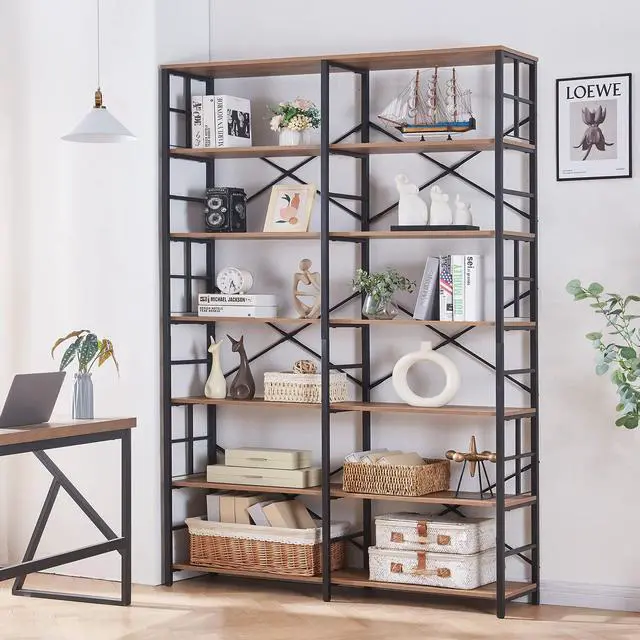 Alt view image 4 of 6 - Bookshelf, Industrial Double Wide 7-Tier Bookshelves, 84" Tall Bookcase with Open Shelves, Heavy Duty Bookcases with Storage for Living Room Home Office, Rustic Brown
