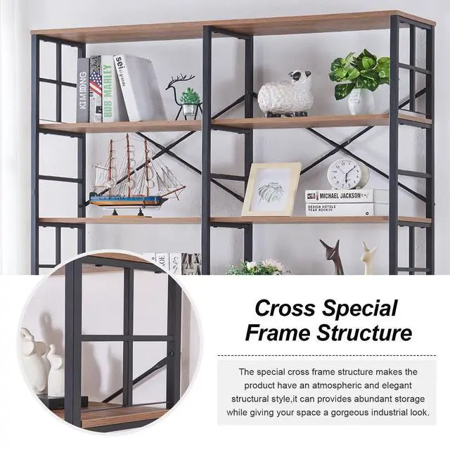 Alt view image 5 of 6 - Bookshelf, Industrial Double Wide 7-Tier Bookshelves, 84" Tall Bookcase with Open Shelves, Heavy Duty Bookcases with Storage for Living Room Home Office, Rustic Brown
