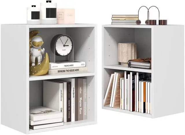 Main image of 2-Tier Bookshelf, Open Shelf Bookcase with 7-Position Adjustable Shelf, Multifunctional Wooden Cubby Storage Display Shelf for Home Office Study Living Room (White, 2)