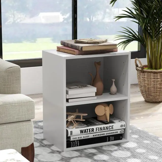 Alt view image 2 of 6 - 2-Tier Bookshelf, Open Shelf Bookcase with 7-Position Adjustable Shelf, Multifunctional Wooden Cubby Storage Display Shelf for Home Office Study Living Room (White, 1)