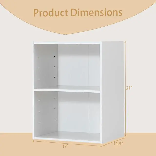 Alt view image 3 of 6 - 2-Tier Bookshelf, Open Shelf Bookcase with 7-Position Adjustable Shelf, Multifunctional Wooden Cubby Storage Display Shelf for Home Office Study Living Room (White, 1)