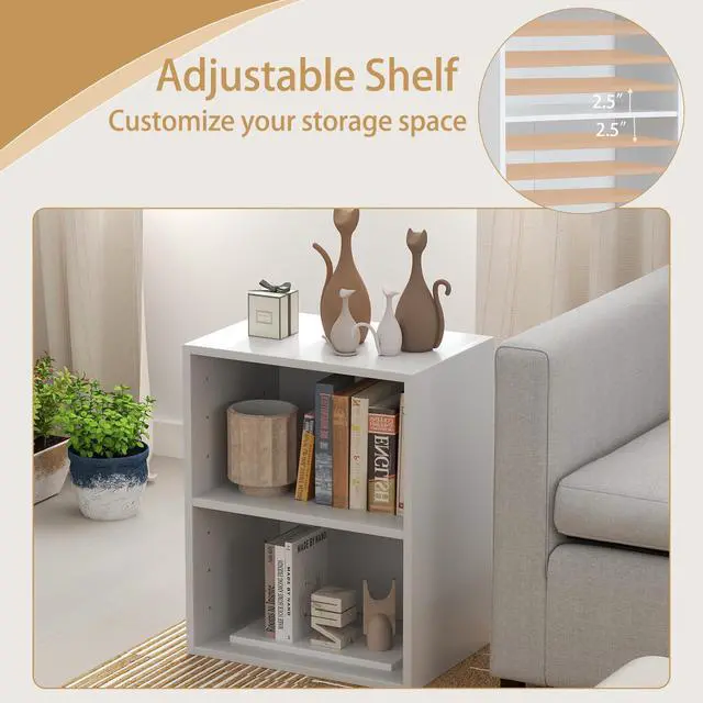 Alt view image 6 of 6 - 2-Tier Bookshelf, Open Shelf Bookcase with 7-Position Adjustable Shelf, Multifunctional Wooden Cubby Storage Display Shelf for Home Office Study Living Room (White, 1)
