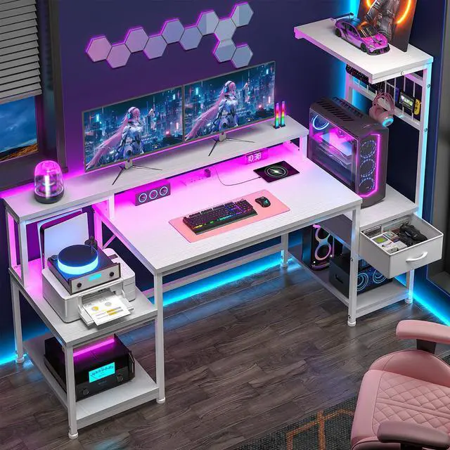 Main image of 55" Computer Desk with LED Lights & Outlets,Office Desk with Drawers & Monitor Stand,Gaming Desk with 3 Storage Shelves, Hooks& Printer Space for Game&Study Room,Home Office,Bedroom,White