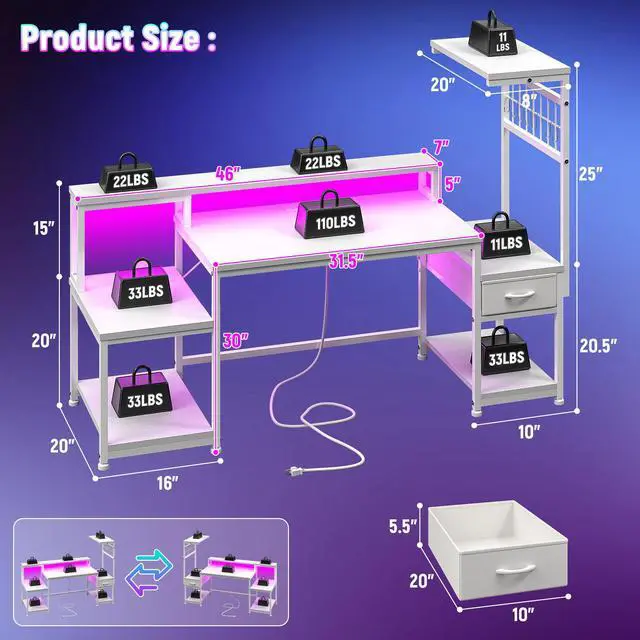 Alt view image 2 of 6 - 55" Computer Desk with LED Lights & Outlets,Office Desk with Drawers & Monitor Stand,Gaming Desk with 3 Storage Shelves, Hooks& Printer Space for Game&Study Room,Home Office,Bedroom,White