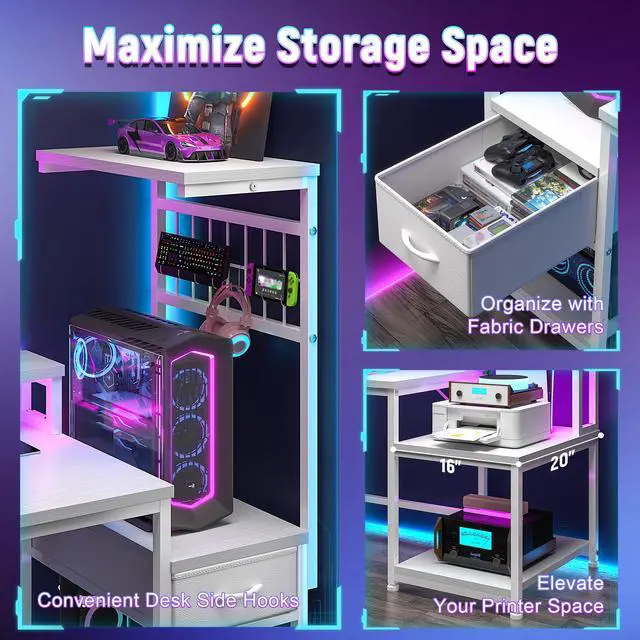 Alt view image 5 of 6 - 55" Computer Desk with LED Lights & Outlets,Office Desk with Drawers & Monitor Stand,Gaming Desk with 3 Storage Shelves, Hooks& Printer Space for Game&Study Room,Home Office,Bedroom,White