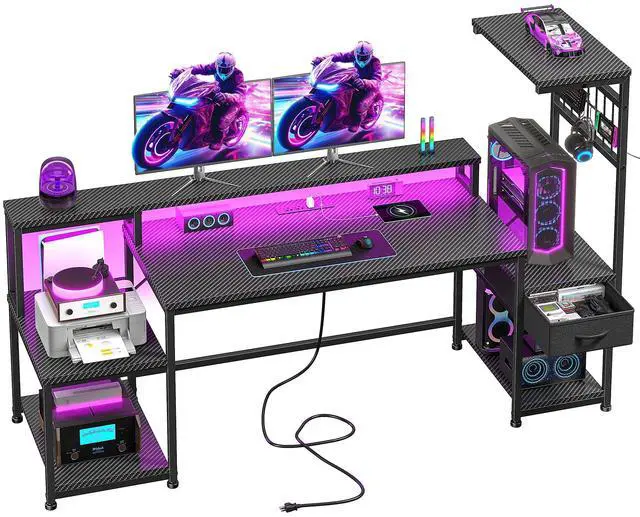 Main image of 63" Gaming Desk with LED Lights & Outlets,Computer Desk with Drawers & Monitor Stand,Gaming Table with 3 Storage Shelves, Hooks& Printer Space for Game&Study Room,Home Office,Bedroom,Black