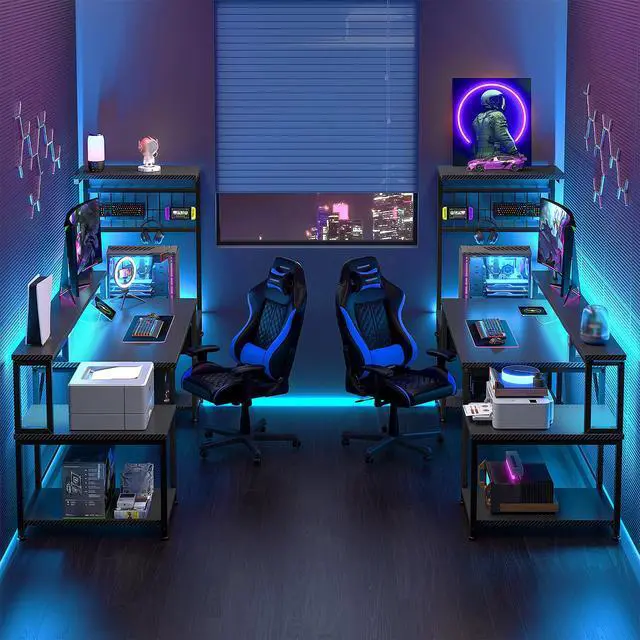 Alt view image 2 of 6 - 63" Gaming Desk with LED Lights & Outlets,Computer Desk with Drawers & Monitor Stand,Gaming Table with 3 Storage Shelves, Hooks& Printer Space for Game&Study Room,Home Office,Bedroom,Black