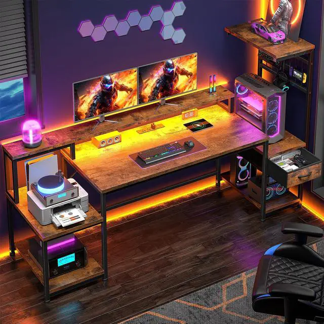 Main image of 63" Computer Desk with LED Lights & Outlets,Office Desk with Drawers & Monitor Stand,Gaming Desk with 3 Storage Shelves, Hooks& Printer Space for Game&Study Room,Home Office,Bedroom,Brown