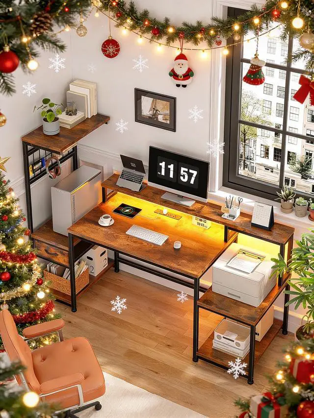 Alt view image 3 of 6 - 63" Computer Desk with LED Lights & Outlets,Office Desk with Drawers & Monitor Stand,Gaming Desk with 3 Storage Shelves, Hooks& Printer Space for Game&Study Room,Home Office,Bedroom,Brown