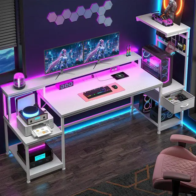 Main image of 63" Computer Desk with LED Lights & Outlets,Office Desk with Drawers & Monitor Stand,Gaming Desk with 3 Storage Shelves, Hooks& Printer Space for Game&Study Room,Home Office,Bedroom,White