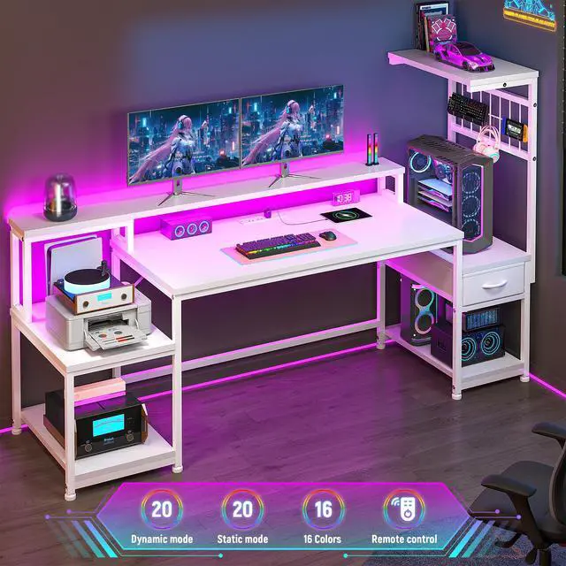Alt view image 3 of 6 - 63" Computer Desk with LED Lights & Outlets,Office Desk with Drawers & Monitor Stand,Gaming Desk with 3 Storage Shelves, Hooks& Printer Space for Game&Study Room,Home Office,Bedroom,White