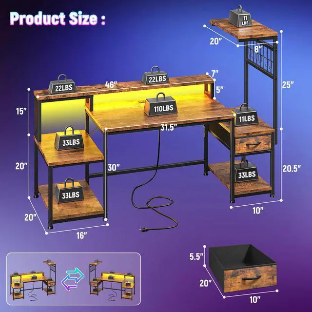 Alt view image 2 of 6 - 55" Computer Desk with LED Lights & Outlets,Office Desk with Drawers & Monitor Stand,Gaming Desk with 3 Storage Shelves, Hooks& Printer Space for Game&Study Room,Home Office,Bedroom,Brown