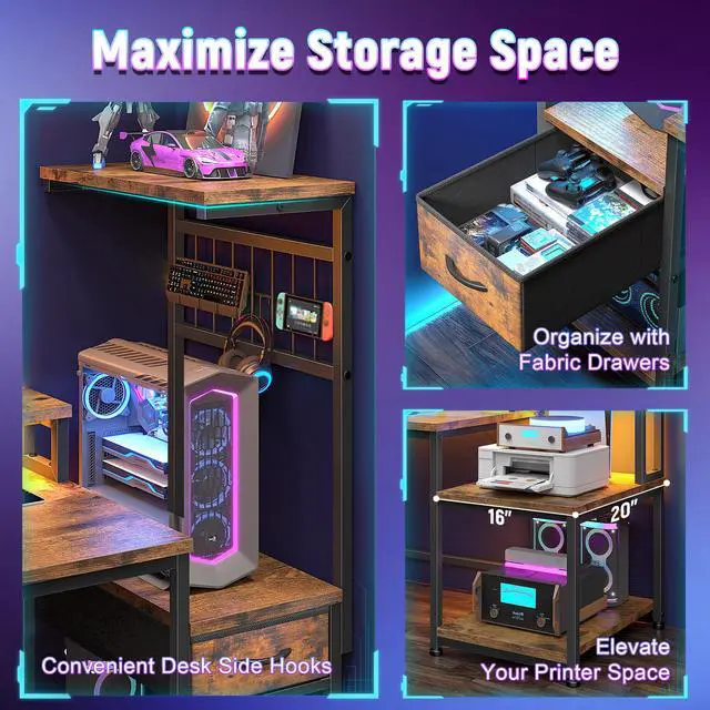 Alt view image 4 of 6 - 55" Computer Desk with LED Lights & Outlets,Office Desk with Drawers & Monitor Stand,Gaming Desk with 3 Storage Shelves, Hooks& Printer Space for Game&Study Room,Home Office,Bedroom,Brown