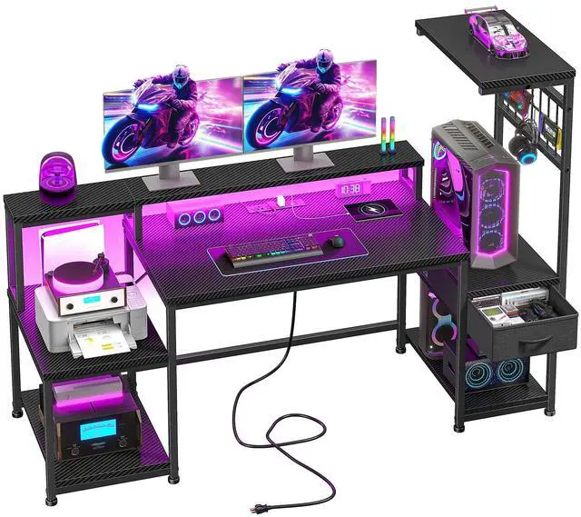 Main image of 55" Gaming Desk with LED Lights & Outlets,Computer Desk with Drawers & Monitor Stand,Gaming Table with 3 Storage Shelves, Hooks& Printer Space for Game&Study Room,Home Office,Bedroom,Black
