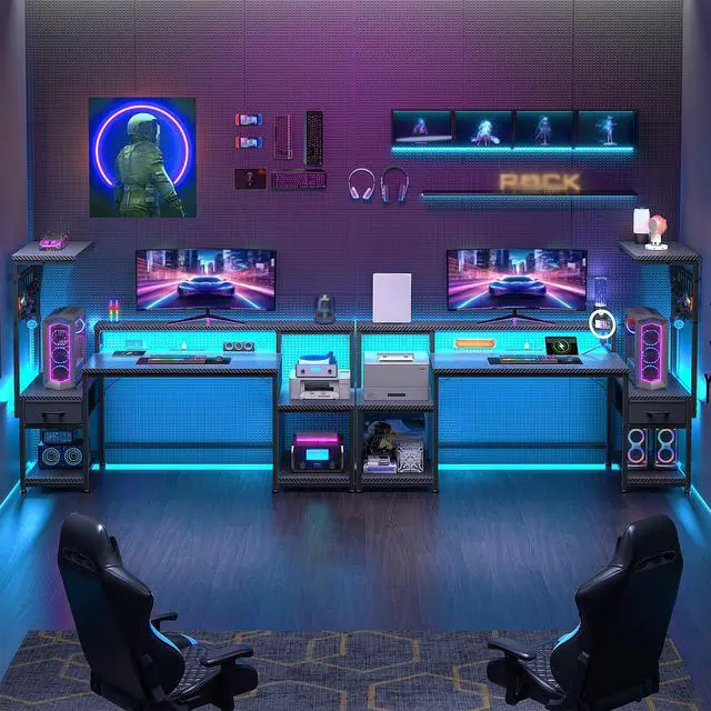 Alt view image 2 of 6 - 55" Gaming Desk with LED Lights & Outlets,Computer Desk with Drawers & Monitor Stand,Gaming Table with 3 Storage Shelves, Hooks& Printer Space for Game&Study Room,Home Office,Bedroom,Black