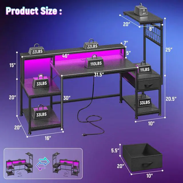 Alt view image 3 of 6 - 55" Gaming Desk with LED Lights & Outlets,Computer Desk with Drawers & Monitor Stand,Gaming Table with 3 Storage Shelves, Hooks& Printer Space for Game&Study Room,Home Office,Bedroom,Black