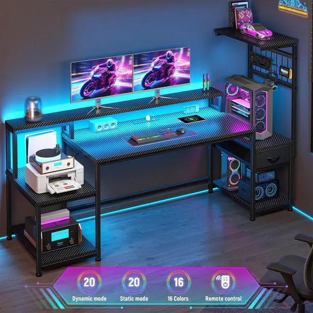 Alt view image 4 of 6 - 55" Gaming Desk with LED Lights & Outlets,Computer Desk with Drawers & Monitor Stand,Gaming Table with 3 Storage Shelves, Hooks& Printer Space for Game&Study Room,Home Office,Bedroom,Black