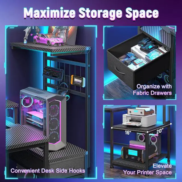 Alt view image 6 of 6 - 55" Gaming Desk with LED Lights & Outlets,Computer Desk with Drawers & Monitor Stand,Gaming Table with 3 Storage Shelves, Hooks& Printer Space for Game&Study Room,Home Office,Bedroom,Black