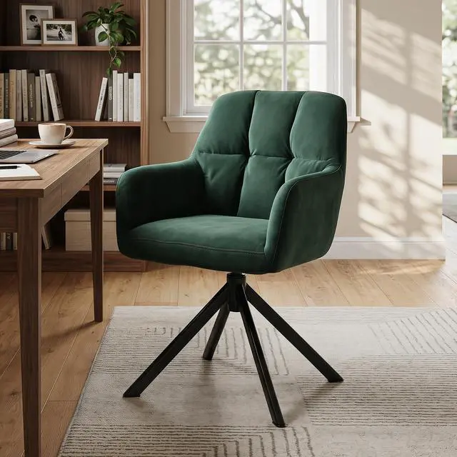 Main image of Comfy Velvet Desk Chair Modern Computer Task Chair no Wheels Swivel Accent Chair with Mid Back Arm Chair for Living Room/Bedroom/Home Office(Green)