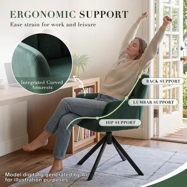 Alt view image 3 of 6 - Comfy Velvet Desk Chair Modern Computer Task Chair no Wheels Swivel Accent Chair with Mid Back Arm Chair for Living Room/Bedroom/Home Office(Green)