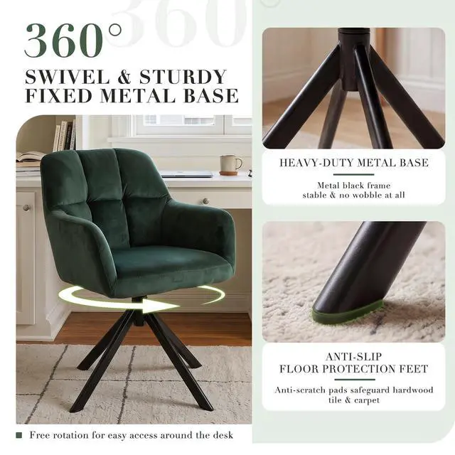 Alt view image 5 of 6 - Comfy Velvet Desk Chair Modern Computer Task Chair no Wheels Swivel Accent Chair with Mid Back Arm Chair for Living Room/Bedroom/Home Office(Green)
