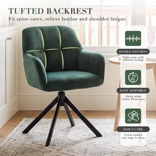 Alt view image 6 of 6 - Comfy Velvet Desk Chair Modern Computer Task Chair no Wheels Swivel Accent Chair with Mid Back Arm Chair for Living Room/Bedroom/Home Office(Green)
