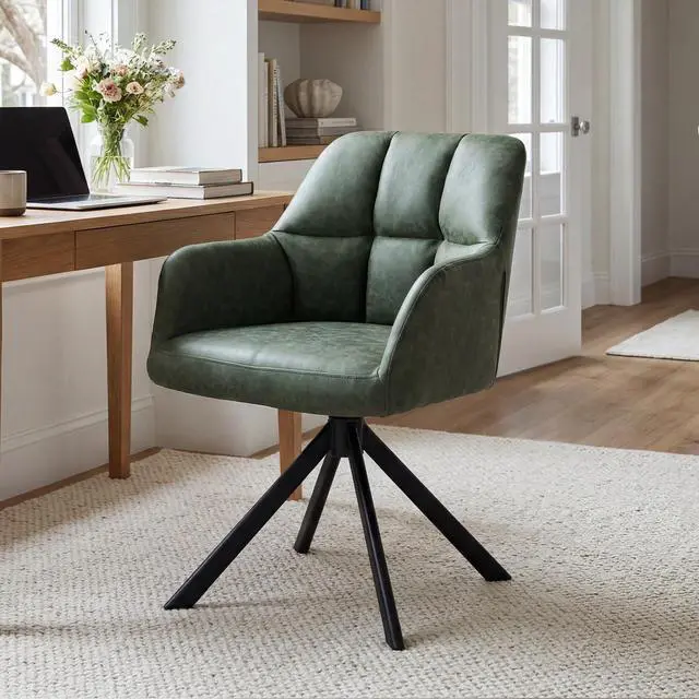 Main image of Comfy Leather Desk Chair Modern Computer Task Chair no Wheels Swivel Accent Chair with Mid Back Arm Chair for Living Room/Bedroom/Home Office, PU Green