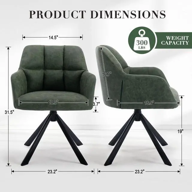 Alt view image 2 of 6 - Comfy Leather Desk Chair Modern Computer Task Chair no Wheels Swivel Accent Chair with Mid Back Arm Chair for Living Room/Bedroom/Home Office, PU Green