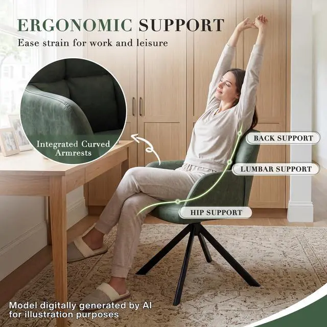 Alt view image 3 of 6 - Comfy Leather Desk Chair Modern Computer Task Chair no Wheels Swivel Accent Chair with Mid Back Arm Chair for Living Room/Bedroom/Home Office, PU Green